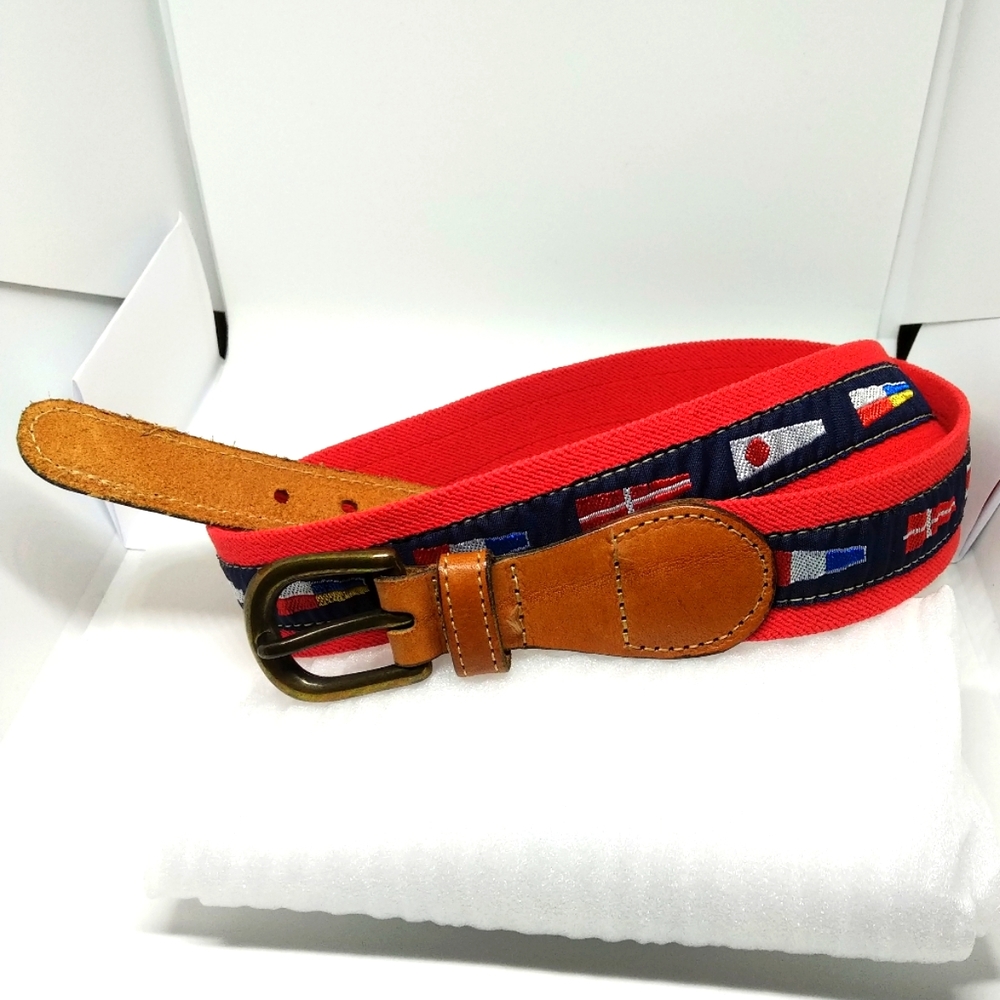 Vtg Stand Out Ibex Made in England Unisex Red World Flag Pattern Belt sz S / 30"
